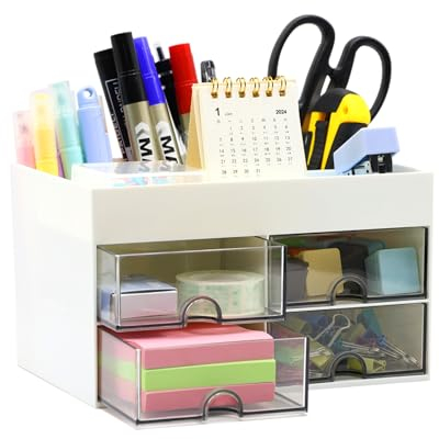 YUNSHANGHE Schreibtisch Organizer, Plastik Büro Organizer mit 4 Schubladen und Fächern, Multifunktionaler Stiftehalter Schreibtisch, Stifteköcher für Büro Schule Zuhause (Weiß)