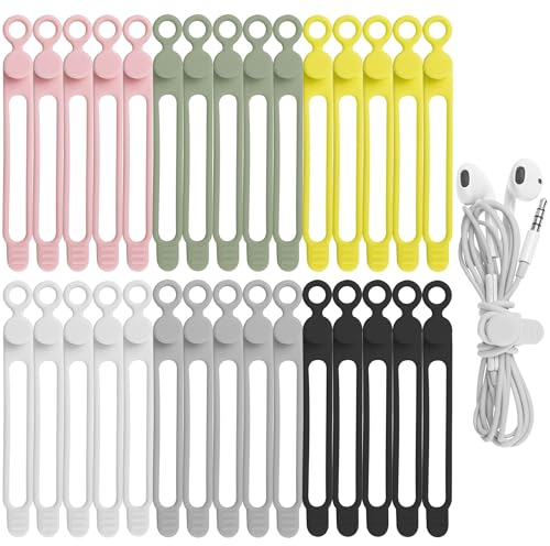 Nearockle 30 Stück Silikon Kabelbinder Wiederverschließbar für Handy Ladegerät, Kabelbinder Set, Kabel Organizer für Zuhause, Büro, Küche, Schule (5 Farben)