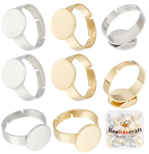 Beebeecraft 1 Box 30 Stücke 2 Farben 12mm Ringrohlinge 24K vergoldet Edelstahl Flache Ring Einstellbarer Cabochon Ringrohling Runde Fingerring Fassungen für DIY Schmuckherstellung