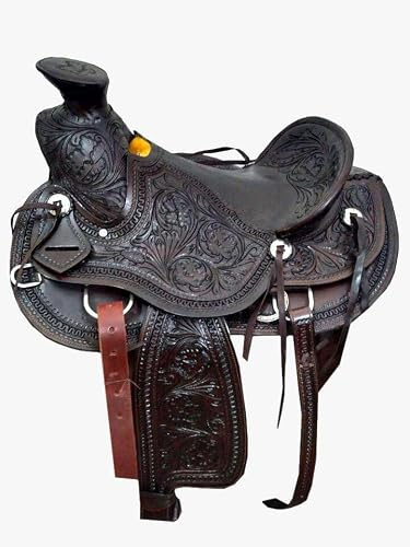 WeavingCraft Wade Tree Roping Western Saddle Set in Premium Quality Leather - Accessories Included |Antique Black: Hand-Carved Tooling- Seat-14'