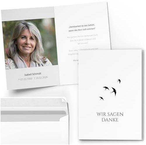 10 PERSONALISIERTE Trauer Danksagungen Dankeskarten mit eigenem Text und Foto | Individuell anpassbare Danke Trauerkarten mit Briefumschlägen | Karten Vögel im Wind