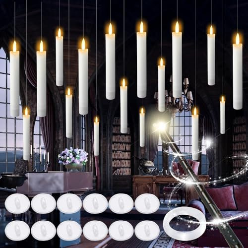 mizikuu 12 Stück Schwebende Kerzen mit Zauberstab, LED Flammenlose Kerze Fernbedienung Stabkerzen Fliegende Kerzen Timerfunktion Floating Candles Hängende für Halloween Weihnachten Deko