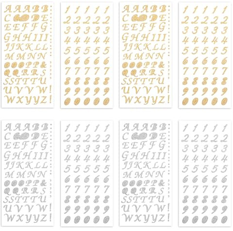 JJUNW 8 Blätter Buchstaben Aufkleber, Glitzer Klebebuchstaben Buchstaben Sticker Gold Silber Buchstabenaufkleber Selbstklebende Letter Sticker für DIY Scrapbooking Dekorationskunst