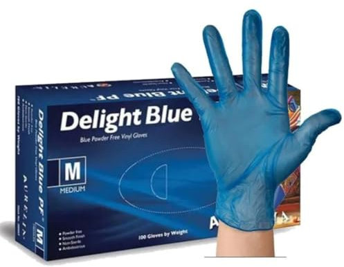 Apex Business Supplies Blue Vinyl Gloves Medium Delight PF Disposable Gloves | Powder Free and Non-Sterile Multipurpose Strong Disposable Gloves | Medical & Food Grade Glove 1 Box 100 Gloves