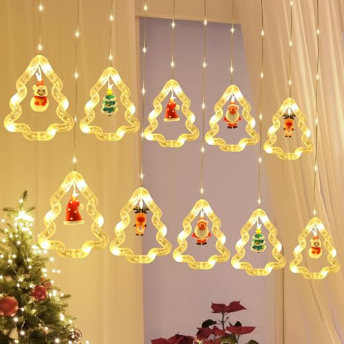 MUCOOS Lichterkettenvorhang Fenster Weihnachtsdeko innen, 120 LEDs Weihnachtsbaum Lichtervorhang mit Weihnachtsschmuck, Weihnachtsbeleuchtung Fenster Lichterkette Innen 3m 8 Modi USB Warmweiß