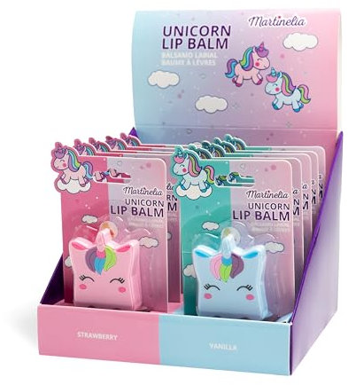MARTINELIA - Lippenbalsam Einhorn für Kinder – Aromatisierter Lippenstift für Mädchen – feuchtigkeitsspendender Balsam – ohne Giftstoffe – zufälliges Modell Erdbeere oder Vanille – 1 Stück
