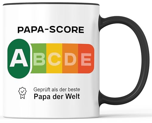 Tasse mit Spruch bester Papa Score Becher geprüft Siegel approved - lustiges Geschenk - Kaffeebecher als Geschenkidee - Kaffeetasse 330ml - Weiss-Schwarz