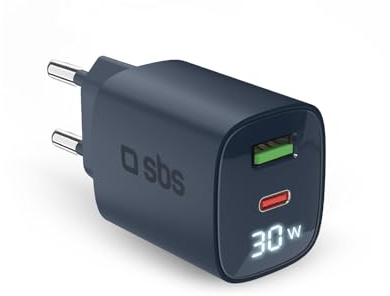 SBS Mehrport-Ladegerät 30W mit LCD, 1 USB-C-Anschluss und 1 USB-A-Anschluss, EU-Stecker, Power Delivery, ideal für Android-Smartphones, iPhone, Tablets, MacBook