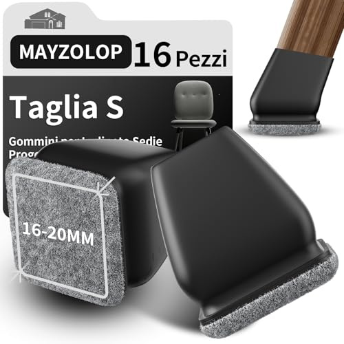 MAYZOLOP 16 tappi per gambe della sedia, colore nero, Ø 16-20 mm, gambe inclinate, feltro grigio, per pavimenti in legno duro, rettangolari, nessun rumore, nessun graffio | Tappi di protezione per gambe della sedia con feltro, quadrati, silenziosi, antigraffio, un pezzo, nero, per 16-20 mm