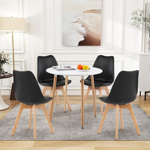 H.J WeDoo Rund Esstisch mit 4 Stühle Essgrupp, 90cm Küchentisch und 4er Set Esszimmerstühle Esszimmergruppe Sitzgruppe für Küche Wohnzimmer (Weiß Tisch+4 Schwarz Stühl)