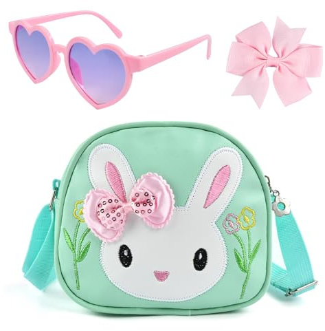 QIZHIQIAMY Handtasche Mädchen, Osterrucksack, Häschen Taschen, Umhängetasche Mädchen, Handtasche Kinder, Ostern Geschenke Kinder mit Rosa Brille und Haarschleife, Verstellbaren Schultergurten (Grün)