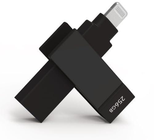 PioData Apple MFi Certified Black iXflash 256 GB Backup Photo Stick 2-in-1 USB Type A & Lightning, USB for iPhone, iPad, External Photo Storage for iPhone and Computer