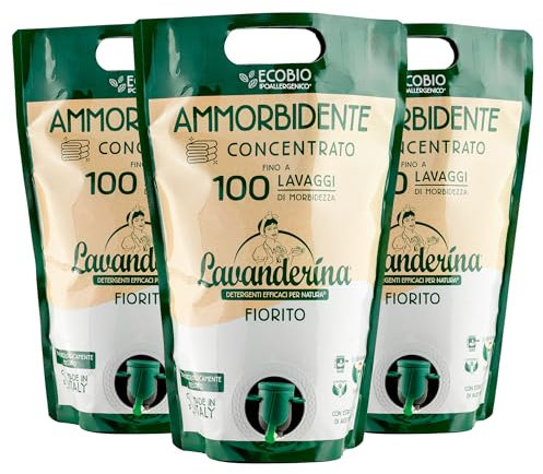 Lavanderina, Ammorbidente Concentrato Fiorito, 100 Lavaggi, Eco Busta, 2000 ml x 3 Pack, Ammorbidente Lavatrice, Ecologico e Profumato