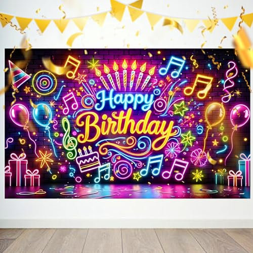 1 toile de fond néon « Happy Birthday » - Bannière pour fête d'anniversaire adulte - Fournitures photo (180,1 x 110 cm)