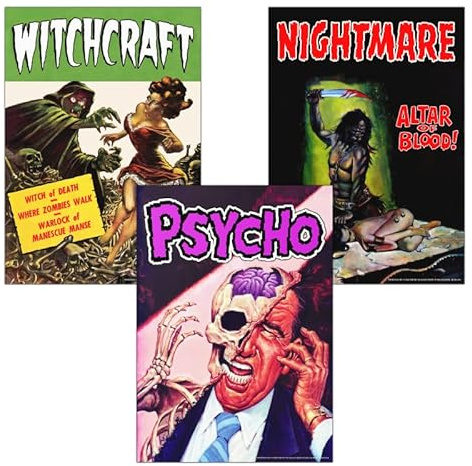 3er-Set Vintage Horror Drucke | A3 matte Kunstdrucke auf Archivpapier | Ungerahmt Retro 1950er Comic, Film Poster & Metal Ästhetik | Witchcraft, Pulp Fiction & Pin-Up Kunst | Gedruckt in Berlin