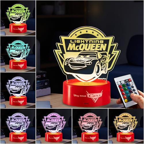 Get Trend Disney Cars LED Nachtlicht Lampe, 3D Illusion, 16 Farben mit Fernbedienung & 4 Lichtmodi, USB oder Batteriebetrieben, Lightning McQueen (Multi Cars)