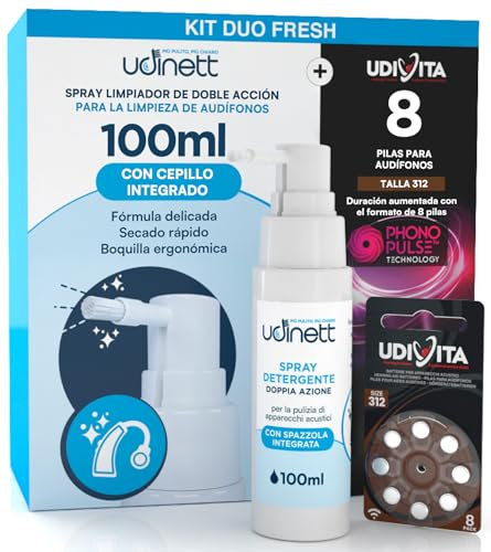 8 Piles pour Appareils Auditifs Taille 312 PR41 Marron avec Technologie Phono Pulse + Spray Nettoyant pour Appareils Auditifs avec Brosse Intégrée Udinett 100ml Sans Alcool - Kit Duo Fresh