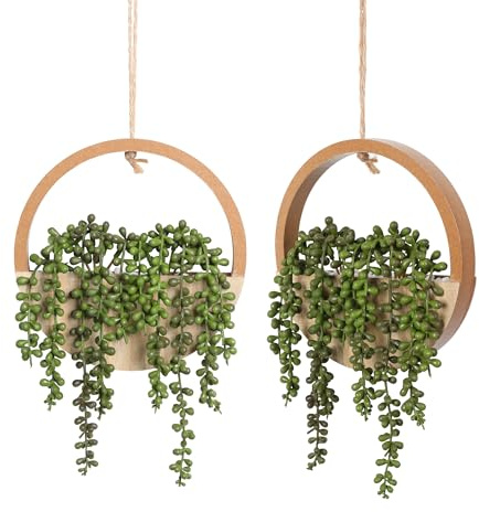 Floweroyal 2pcs Artificial Succulents Hanging Plants 20.1'' Fake String of Pearls in Pot with 9.4'' Lanyard for Indoor Outdoor Wall Decor（Wood Color）