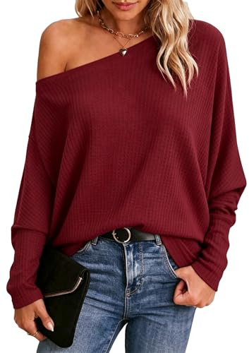 Dressmine Off the Shoulder Tops for Women Bardot Batwing Oversized Jumper | Waffle Knit, Cute Jumpers, Sexy Winter Clothing, Long Sleeve Slouchy Top, Autumn Fashion Tunic, Soft Breathable