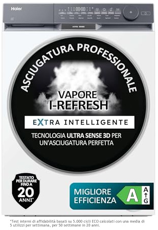 Haier X Serie 9 Asciugatrice 9 Kg a Pompa di Calore, Libera Installazione, Classe A, Twin Turbo, Ultra Sense 3D Tech, Wi-Fi e App hOn, Filtro 3in1, I-Refresh, 84.5x59.5x68 cm, Bianca – HD90-AQ387U1-IT