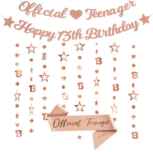 4 Teile Rose Gold Party Dekoration mit Banner, Girlande und Schultergurt, Offiziell Teenager Geburtstag 13, 13 Geburtstag Mädchen Deko Set, Ideal Für Teenager-Party, Haus Und Garten