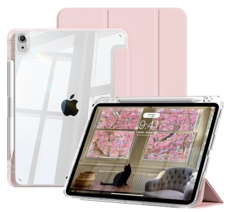 ZOPSGYU Coque pour iPad Air 11 Pouces M4/M3/M2 (2026/2025/2024) & iPad Air 5ème/4ème Génération 10,9 (2022/2020), Étui Antichoc avec Porte-Stylet, Arrière Transparent, Veille/Réveil Auto, Rose