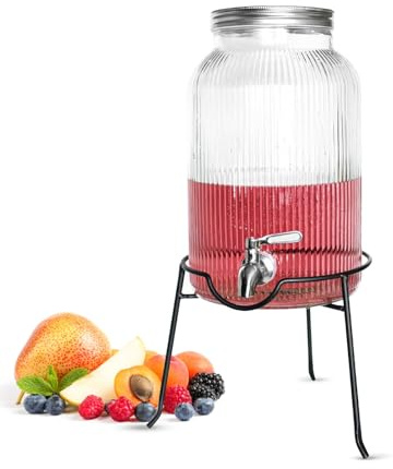 Sendez Dispenser di bevande in vetro da 5 l, con rubinetto in acciaio inox e supporto in metallo, design retrò, robusto ed elegante, perfetto per limonata, tè freddo e feste