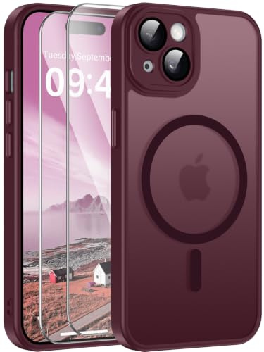 Opkiegrn Magnetisch Hülle für iPhone 13 mit 2 Stück Panzer Schutz Glas Folie, KameraSchutz Folie Stoßfest Kratzfest Transluzente Matt Handyhülle für iPhone 13 Weinrot