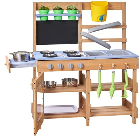 VEVOR Mud Kitchen, Outdoor Mud Kitchen for Kids, Wood Outdoor Play Kitchens with Stoves, Hooks, Sinks, Planting Shovels, Spatulas, Handle, Cookware Pots and Accessories, Play with Water and Sand