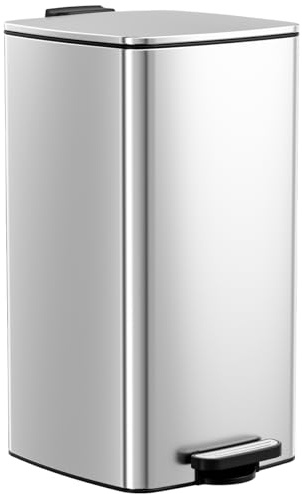 Clevich 30L Kitchen Bin, Slim Square Trash Can, Waste Bins w/Soft-Close Lid | Removable Inner Bucket & Handle, Foot Pedal, Fingerprint-Proof Stainless Step Bins, for Kitchen, Office