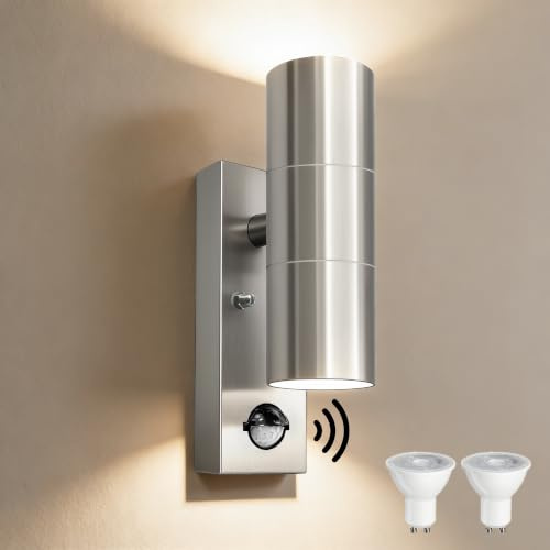 YOVGQOLV PIR Motion Sensor Lights Outdoor Up and Down Lights GU10 | Stainless Steel Outside Lights Mains Powered,Incl. 2x5W 3000K GU10 Bulbs IP54 Waterproof for Porch Front Door,Silver 1 Pack