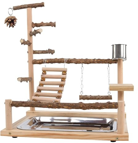 Mixnexorad Stand de Juego para Aves | Parque de Juego de Madera | para Aves con Taza y Bandeja de Acero Inoxidable - para Ejercicio de Cacatúa Conuro Pinzón Agapornis