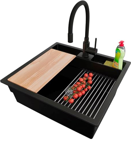 PRIMAGRAN Evier Cuisine en Granit au Meuble 60cm + Robinet, 56x54cm | Set: Robinet BW6020 + Kit de Vidage (Siphon, bonde d’évacuation, trop-plein) + Lavabo 1 Bac - Bergen Double, Noir