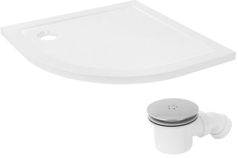 LuxeBath Duschwanne 90x90 cm Weiß mit Ablaufgarnitur, Duschtasse Komplett Set, Runde Brausewanne H:40 mm aus SMC, Viertelkreis - Radius 55 cm, Hochglanzoptik, Extra flache Brausetasse mit Siphon