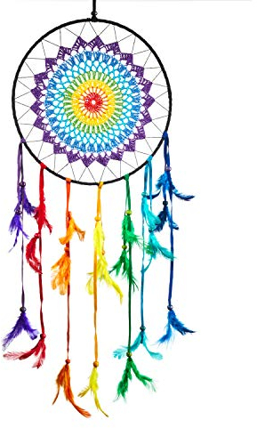 Pink Pineapple Dreamcatcher Crochet Bunt mit Federn: Handgemachter Traumfänger - Regenbogen Multi Farbe - Großer Traumfanger Mit 27 cm Durchmesser und 60 cm Lang