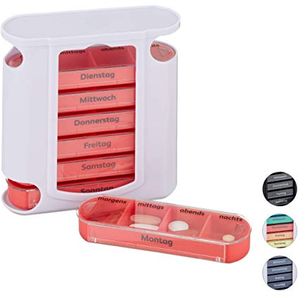 Relaxdays Pillendose 7 Tage, wöchentliche Tablettenbox, 4 Fächer, morgens, mittags, abends, nachts, Pillenbox, weiß/rot