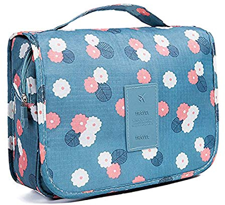 Travel Hanging Toiletry Bag Wash Bag Makeup Cosmetic Pouch with Hook for Women Girls Kids Waterproof (Blue Flower)