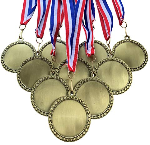 10 Stück 6,4 cm Durchmesser Druckguss-Metall Antik Gold blanko Einsatz Sternmedaillen und befestigte rot-weiße und blaue Halsbänder.