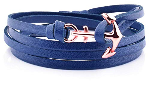 Planetys - Anker Armband Multi Row Blaues Leder Frauen aus 316L Edelstahl Rose vergoldET