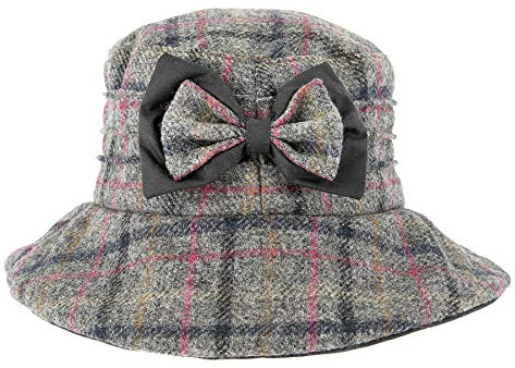 Dents Abraham Moon Ladies Checked Fabric Hat with Bow Detail Wax Brim Grey
