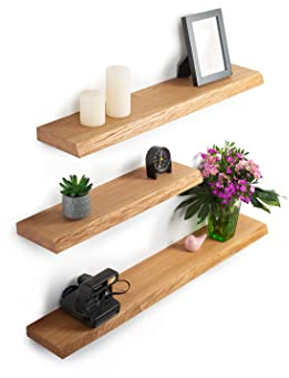 Rikmani Wandregal Holz Eiche massiv hell - Handgefertigtes Regal mit Baumkante Bücherregal Holzregal Wandboard Leo (hell) 120 cm