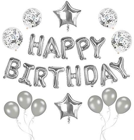 lohey Happy Birthday Balloons, 16 Inch Happy Birthday Banner Party Decorations, Self Inflating Letter Silver Balloons for Adults Party Decor