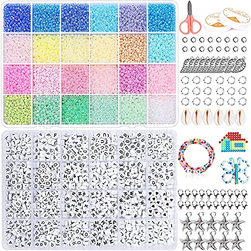 YLXQJIN Mini Glasperlen, 3mm Perlen zum Auffädeln, 24 Bunte Mini Glasperlen mit 1200 Buchstaben und Herzförmig Perlen Selber Machen Armbänder Charm Kit für DIY Armband Schmuckherstellung-13708 Stück