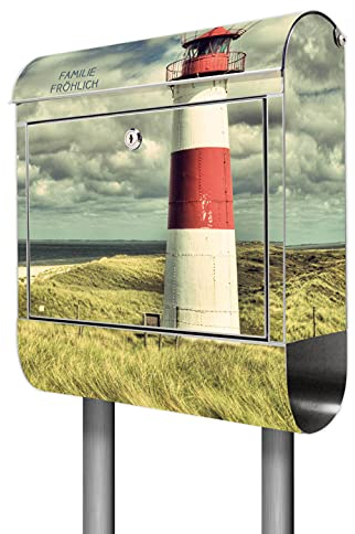 banjado® Briefkasten mit Standfuß personalisiert Motiv Leuchtturm Sylt - Stand Briefkasten Edelstahl mit Zeitungsfach - Postbox/Postkasten A4 Einwurf inkl. Montagematerial & 2 Schlüssel