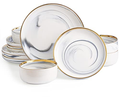 Pokini Marmor-Geschirr-Set mit Goldrand, Porzellanteller und Schüsseln, modernes Luxus-Geschirr-Set für 4 Personen, weiß-graues Porzellan-Geschirr-Set für besondere Anlässe, schnelle Handwäsche