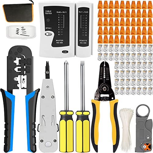 MAYLINE-TECH Pince à Sertir de RJ45 Testeur de Network Réseau Cable Kit d'outils de Réparation d'Ordinateur RJ11 RJ12 Cat6 Cat5e, Professional Maintenance de Testeur de Câble LAN(Bleu)