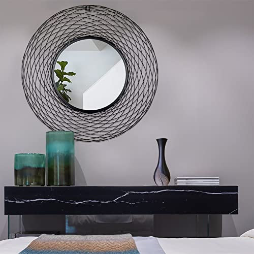 Green Decore Trellis Mesh Wall Mirror for Hallway, Dining, Dressing Room, Bedroom & Living Room, Metal Frame, Black, 72cm Round