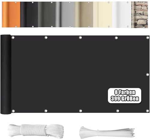 WEALSFUN Balkon Sichtschutz 90X600CM Balkonabdeckung (390Größen & 8 Farben) Balkonverkleidung Ohne Bohren blickdichte Wind UV-Schutz mit Ösen Kabelbinder Kordel, Schwarz