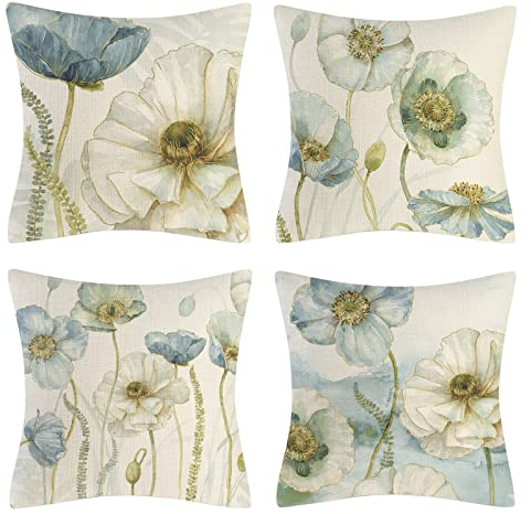 OCEUMACO Leinen Kissenbezug 50x50 Blumen Muster Kissenhülle 4er Set Quadratisch Sofakissen Dekokissen Bezug für Couch Sofa Kissen Kissenbezüge Outdoor Deko Zierkissen Couchkissen - Blau Beige