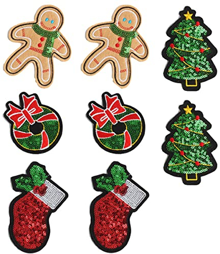 8 Stück Weihnachts-Aufnäher zum Aufbügeln für Kleidung, Weihnachtsbaum, Socken-Design, bestickt, Applikation, Reparaturflicken für Handwerk, Kleidung, Dekoration und DIY-Weihnachtsgeschenke